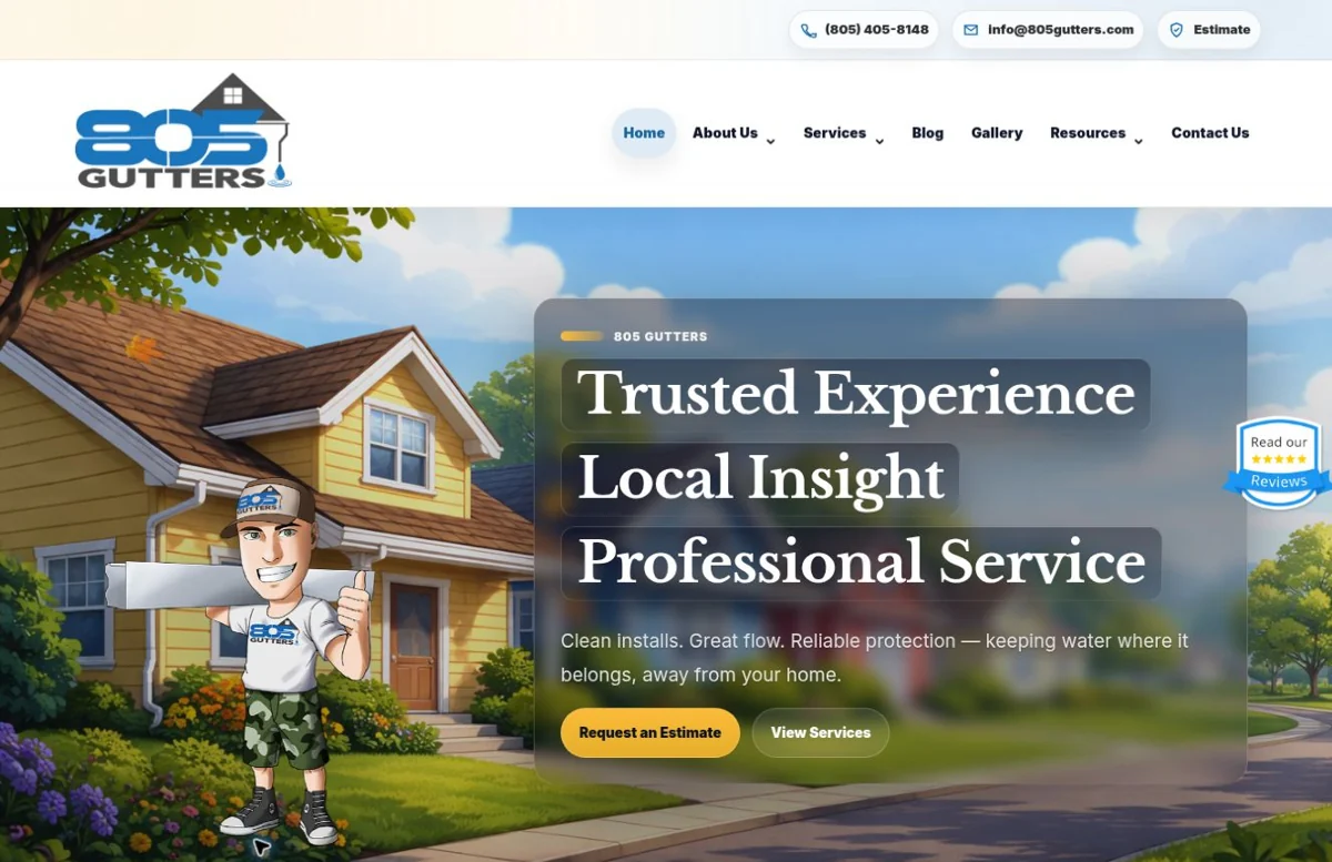 805 Gutters custom website featuring an illustrated home and bold service messaging